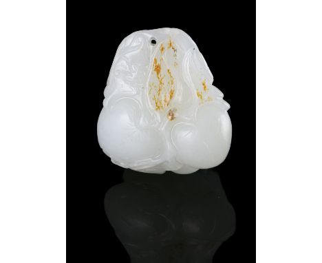 *A WHITE JADE WITH RUSSET ‘BAT AND PEACH’ PENDANT清代 白玉帶沁色福壽掛墜China, Qing dynasty The stone of white tone with minor orange ru