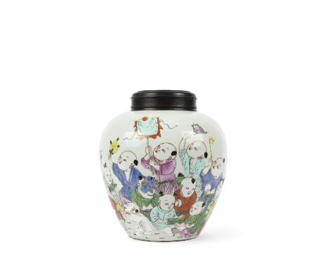 A FAMILLE ROSE ‘CHILDREN CELEBRATING THE SPRING FESTIVAL’ GINGER POT, WITH WOODEN LIDChina, 20th centurywith polychrome ename