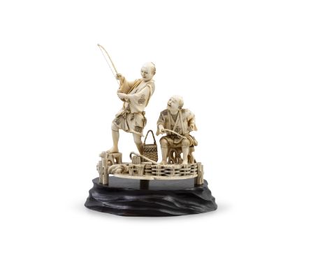 λ A SUPERB IVORY OKIMONO, SIGNED GYOKUZANJapan, Meiji Period, (1868-1912)Depicting a finely carved scene of two fishermen by 