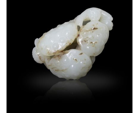 A WHITE RUSSET JADE LOTUS SEED POD WITH A CHILD GROUP,清代 白玉蓮蓬童子把件China, Qing dynasty.L: 7.1cm