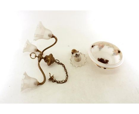 Light fittings. A three arm brass pendant light with 1930s style frosted glass shades, approx.. 50cm. across, a small brass w