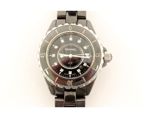 Chanel, J12, a stainless steel, black ceramic and diamond mid-size quartz wristwatch, no, DH86785, the two tier black dial wi