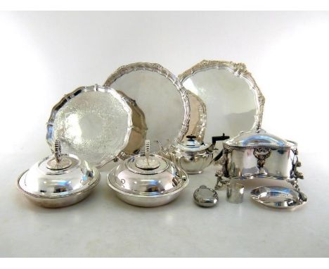 A group of silver plate comprising:- a pair of oval bead-edged entree dishes with fluted handles; a large Victorian trefoil b