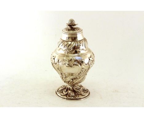 A George III silver tea caddy of inverted pear shape with pull-off cover, on pedestal foot, by Samuel Taylor, London, 1764, c