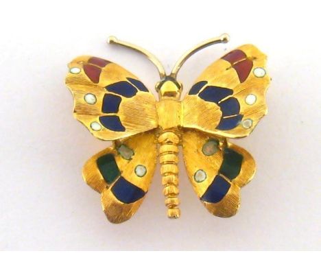 A small Italian 18 carat gold and enamel butterfly brooch, Italian standard marks verso, 2.2cm long, 4gmsCONDITION: good over