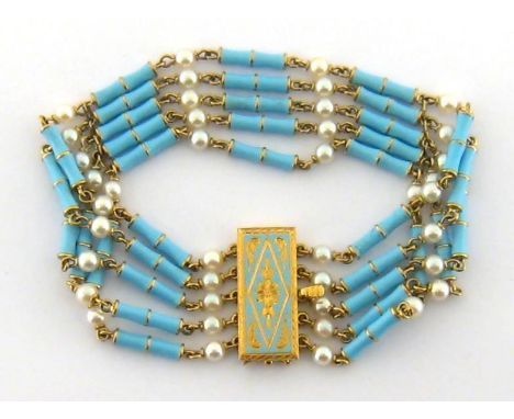 A cultured pearl and blue enamel bracelet, composed of five chains set with round 3.6mm pearls, with blue enamel barrel space