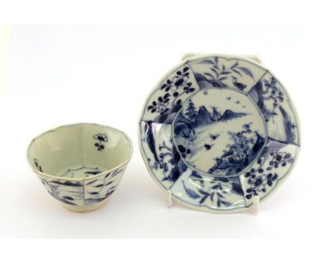 A Chinese blue and white ceramic tea cup and saucer, both in Hexagon shape rising from circular foot rim, each side of the wa
