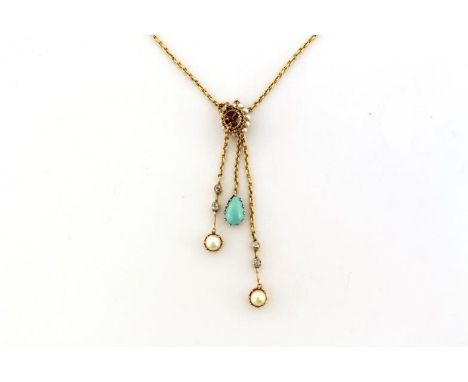 A yellow metal (tests 14 carat gold), diamond, cultured pearl and turquoise necklace, the central pendant composed of three t