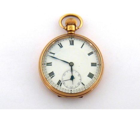 A George V 9 carat gold open faced pocket watch, the four piece case hallmarked Chester 1911, the white enamel dial with blac