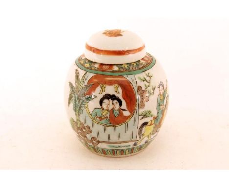 A Chinese famille verte covered ceramic jar, finely detailed, decorated with Chinese “Xi Xiang Ji” story on the body, depicti