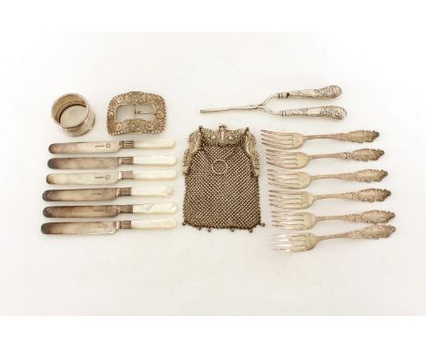 A set of six American silver fruit forks by Gorham also a set of six stainless steel fruit knives with mother-of-pearl handle
