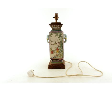 Chinese Famille Rose Porcelain Rectangular Vase lamp, two faces with elephant mask handles above finely decorated dragon flyi