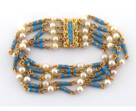 A cultured pearl and blue enamel bracelet, composed of five chains set with round 4.8mm pearls, with blue enamel barrel space