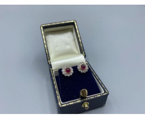 Vintage Diamond &amp; Natural Ruby Earrings in 18ct Gold &amp; Platinum in Excellent Condition - Boxed