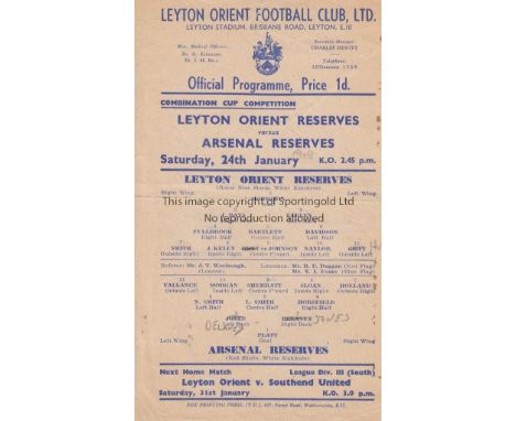 ARSENAL RESERVES       Small single sheet programme for the away Combination Cup match v. Leyton Orient 24/1/1948, slightly c