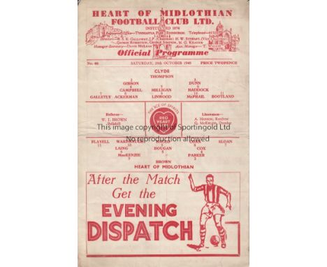 HEARTS   Gatefold programme Heart of Midlothian v Clyde 29th October 1949. Light fold no writing. Fair to generally good   