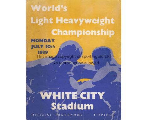 BOXING       Programme for White City Stadium 10/7/1939 Len Harvey v Jock MaAvoy Light Heavyweight Championship of the World.
