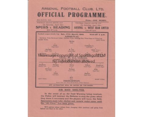 ARSENAL V BRIGHTON 1943     Single sheet programme for the Arsenal home FL South Cup match 27/3/1943.   Good
