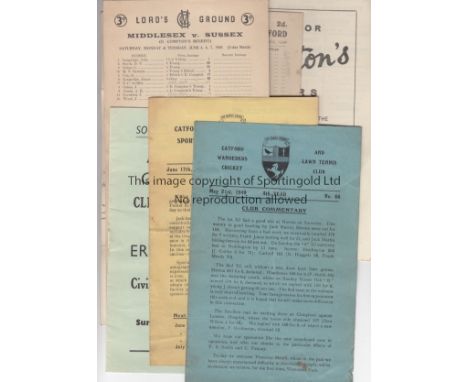 CRICKET   A collection of 9 Scorecards/programmes for matches between 1949 and 1961.  At Lord's Middlesex v Sussex (Denis Com
