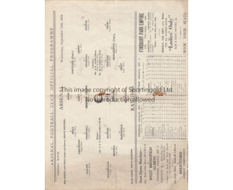 ARSENAL V RANGERS 1934          Programme for the Friendly at Arsenal 12/9/1934, rusty staples and pencil team changes.   Gen