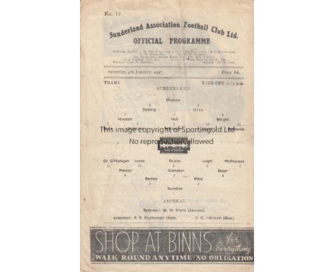 ARSENAL       Programme for the away League match v. Sunderland 4/1/1947, slightly creased.    Generally good