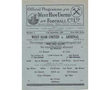 WEST HAM UTD. V ARSENAL 1943     Single sheet programme for the FLS match at West Ham 11/9/1943, very slight horizontal creas