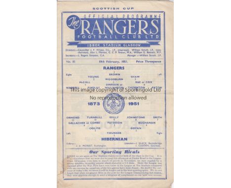 RANGERS - HIBS 51   Rangers home programme v Hibs, 10/2/51, Cup, slight fold, small piece off bottom corner of each page (ins