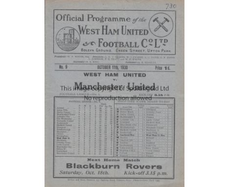WEST HAM - MAN UTD 1930   West Ham home programme v Man Utd, 11/10/1930, slight fold, score noted, West Ham won 5-1 to send U