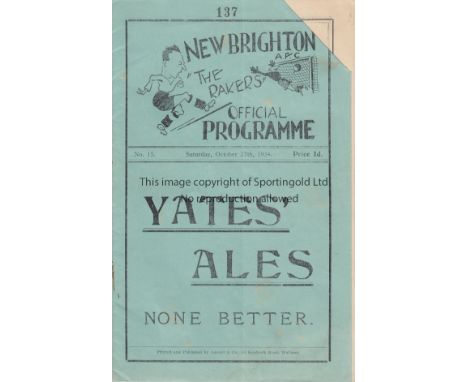 NEW BRIGHTON / HALIFAX  1934     Programme New Brighton v Halifax Town 27th October 1934. Token removed at top right (no miss
