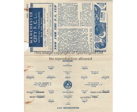 MAN CITY - BARROW CUP 46    Four page City home programme v Barrow, 5/1/46, first game in the FA Cup post war, two rusty pape