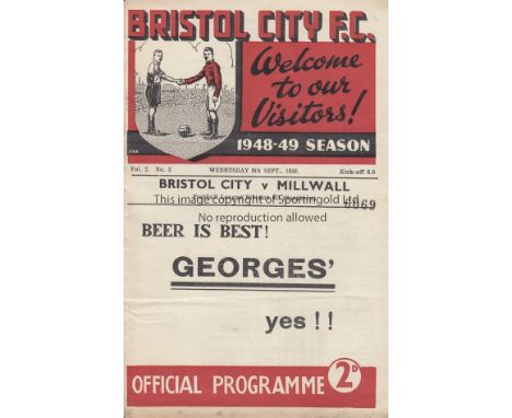 BRISTOL CITY/MILLWALL   Programme Bristol  City v Millwall 8th September 1948. Score/scorers/light folds.          Fair to ge