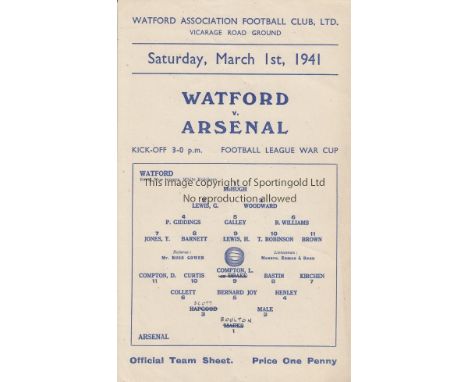 WATFORD V. ARSENAL 1941      Small single sheet programme for the FL War Cup at Watford 1/3/1941 with team changes and scores