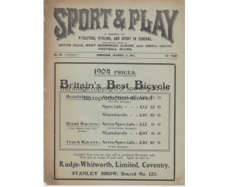 WEST BROM - EVERTON 1903   Issue of Sport and Play dated 21/11/1903 with team lists for West Brom v Everton, Villa Reserves v