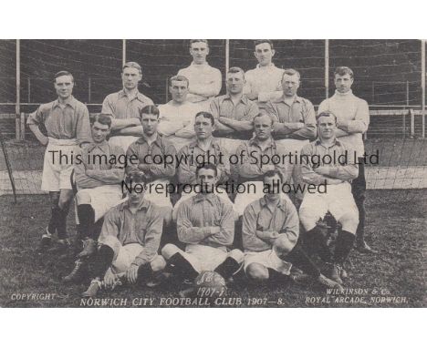NORWICH CITY 1907-08   Postcard , Norwich City FC team group, 1907-08, players named on reverse side and also printed is "Res