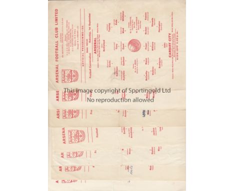 ARSENAL RESERVES     Seven home single card programmes for season 1962/3 including Cardiff, Plymouth, Ipswich, Luton, Bristol