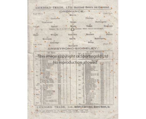COVENTRY   4 Page Programme Ordnance v Armstrong Siddley played at Highfield Road (Coventry) 14th May 1921. Some ageing other
