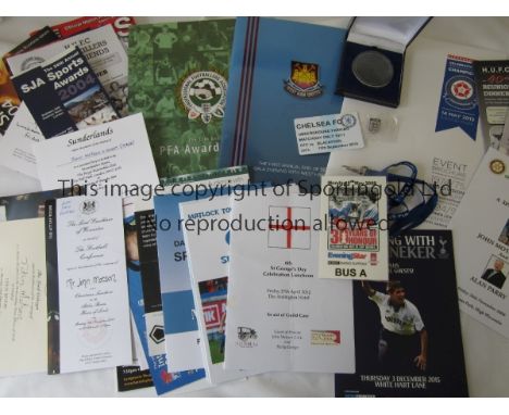 MOTTY    Collection of items issued to John Motson including Wembley and Club car park passes plus many function menus at whi