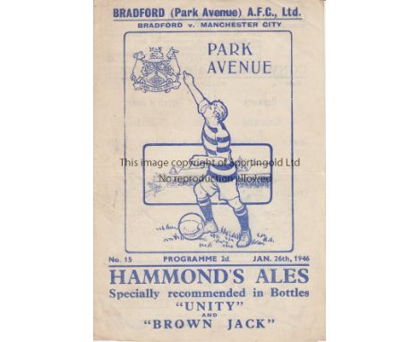 BRADFORD PA - MAN CITY 46   Bradford Park Avenue home programme v Manchester City, 26/1/46, FA Cup. First leg match at Park A
