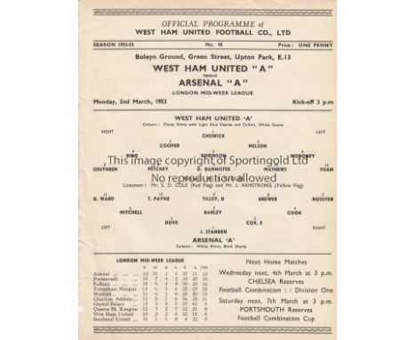 WEST HAM UTD. V ARSENAL      Single sheet programme for the London Mid-Week League match at West Ham 2/3/1953, ex-binder.    