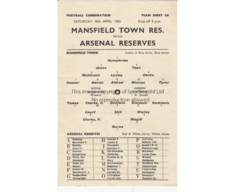 MANSFIELD / ARSENAL   Single sheet programme Mansfield Town Reserves v Arsenal Reserves 10th April 1965. Light folds.        
