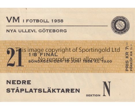 WORLD CUP 1958   Ticket Soviet Union v Brazil in Gothenburg 15th June 1958. Light staple marks with price in pencil on revers