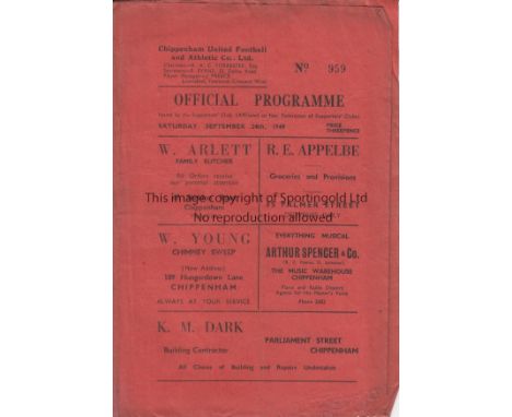 WELSH CUP   Gatefold programme Chippenham United v Ebbw Vale Welsh Cup 24th September 1949. Small piece missing at bottom rig