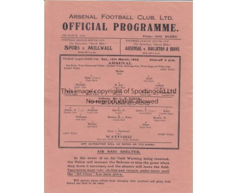 ARSENAL V WATFORD 1943     Single sheet programme for the Arsenal home FL South Cup match 13/3/1943, slightly worn on creases