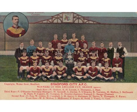 BRADFORD CITY 1910-11   Colour postcard team group, Bradford City, 1910-11 Winners of the English Cup, copyright Scott, playe