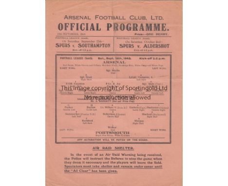 ARSENAL V PORTSMOUTH 1943     Single sheet programme for the Arsenal home FL South match 18/9/1943, slightly creased.   Gener