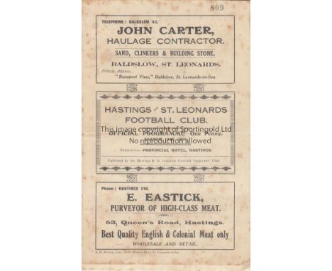 HASTINGS & ST. LEONARDS V SOUTHWICK 1934    Programme for the FA Cup tie at Hastings 29/9/1934, staple removed, slight horizo