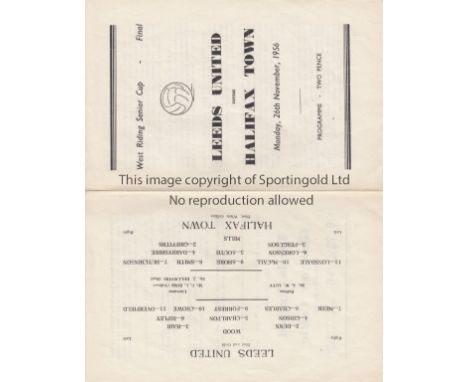 LEEDS/HALIFAX   Programme Leeds United v Halifax Town West Riding Senior Cup Final 26th November 1956. 4 Page.       Good