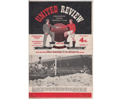 MAN UTD -WOLVES POSTPONED 57-58     The most rare Manchester United post-war home programme, United v Wolves 8/2/58, issue nu