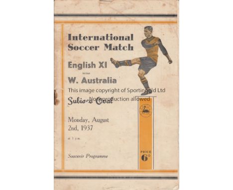 ENGLISH XI - AUSTRALIA 1937     Scarce programme, Western Australia v English XI, 2/8/1937 at Subiaco Oval. The English touri