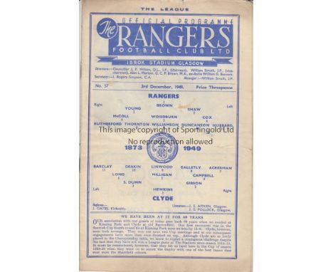 RANGERS   Programme Rangers v Clyde 3rd December 1949. Light fold.           Fair to generally good